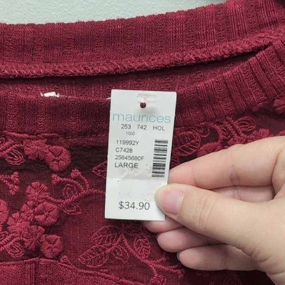 Maurices Red Ribbed Lace Ruffled Long Sleeve Shirt. Size Large. NWT - Picture 2 of 5